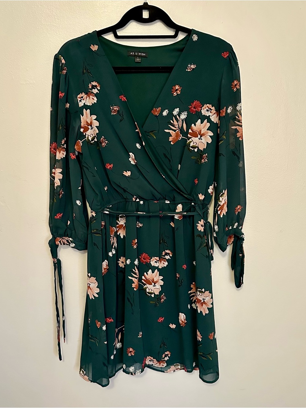 [As U Wish] Floral Faux Wrap Green Long Sleeve Dress (L)